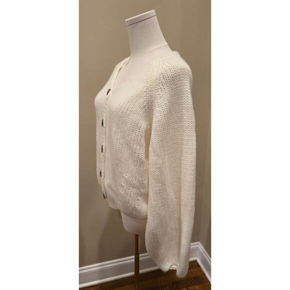 HYFVE Cream Button V-Neck Balloon Sleeve Open Knit Cardigan Sweater Womens Large - Picture 3 of 9